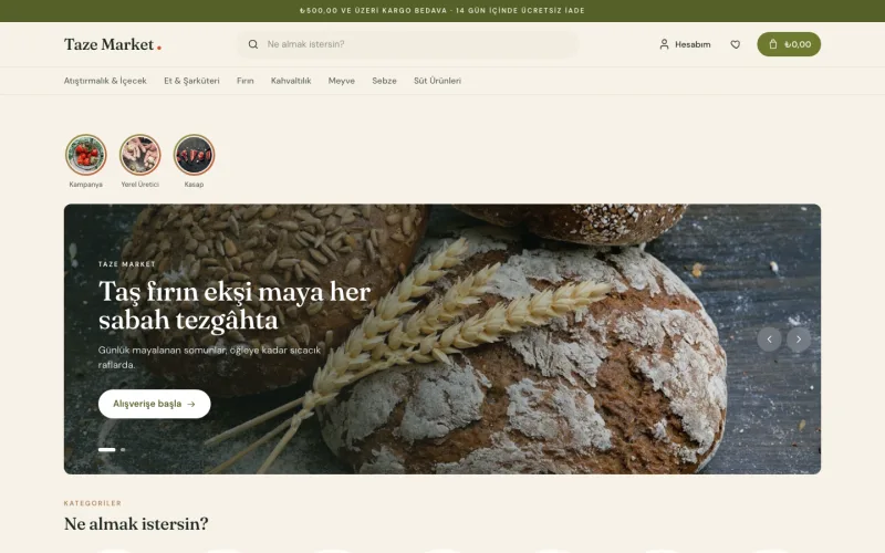 Taze Market mağazasının vitrini (tazemarket.shopio.dev)